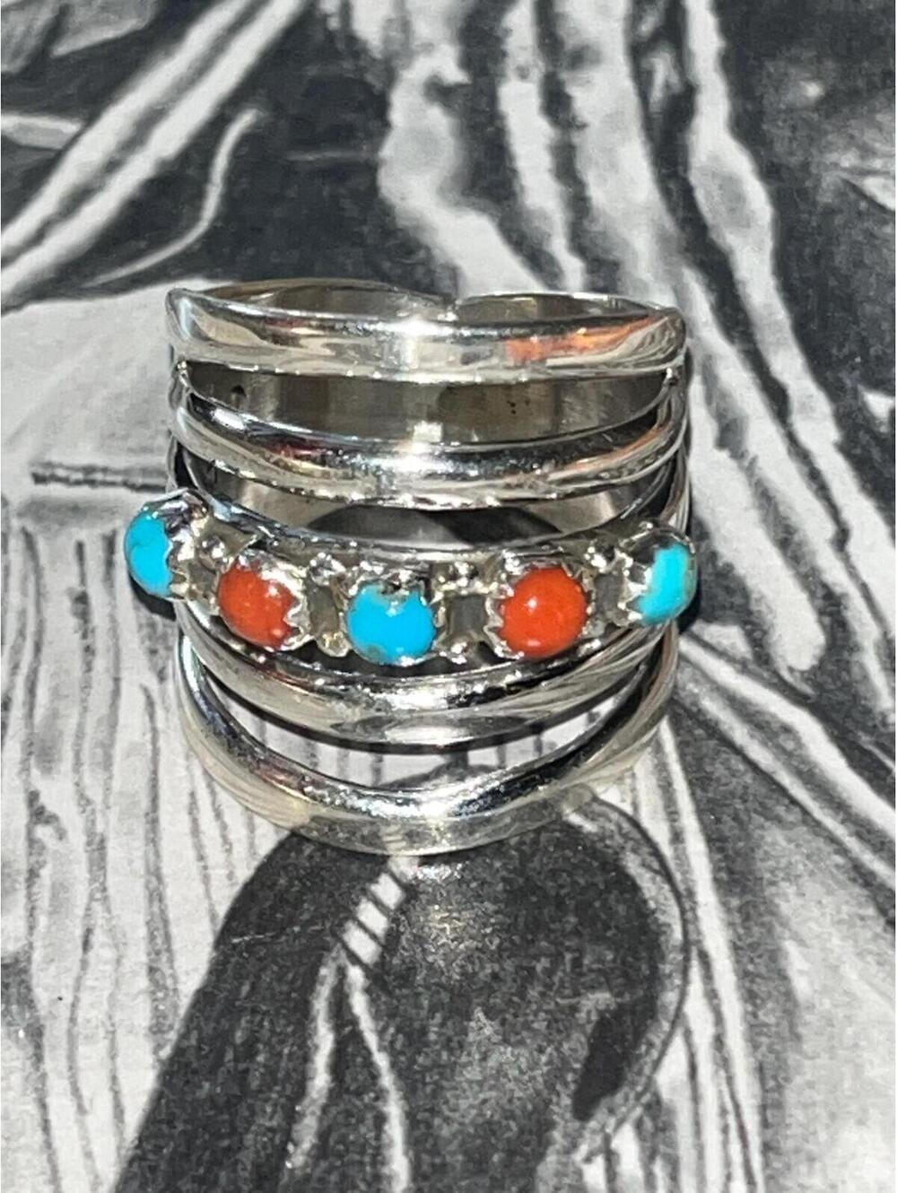 Navajo turquoise coral sterling silver cluster ring band -Grace Silver